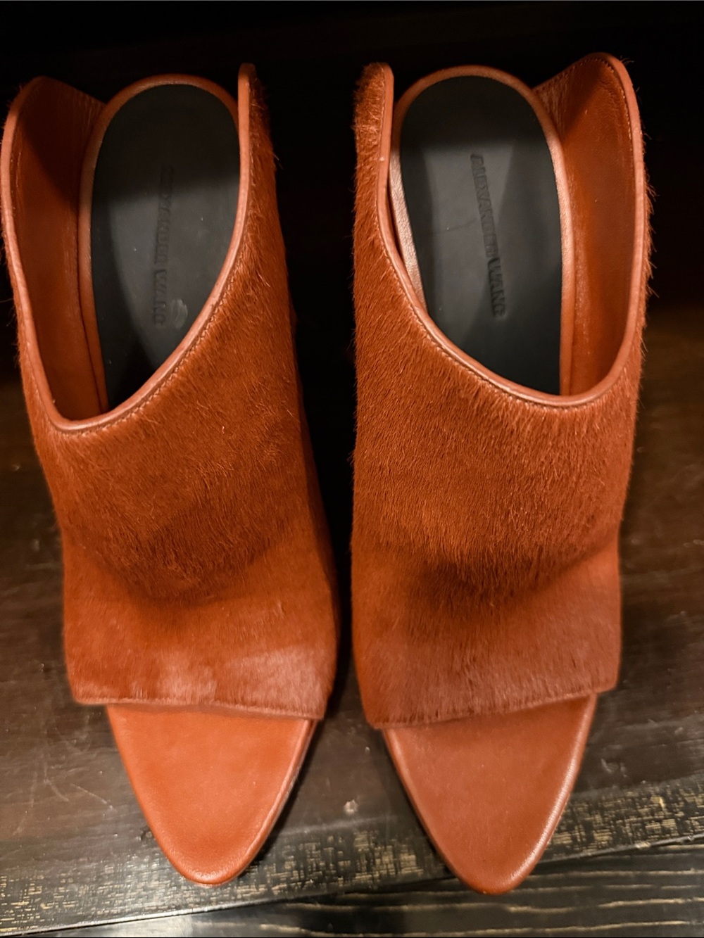 New Alexander Wang Rust Brown Haircalf Open-Toe Booties 39